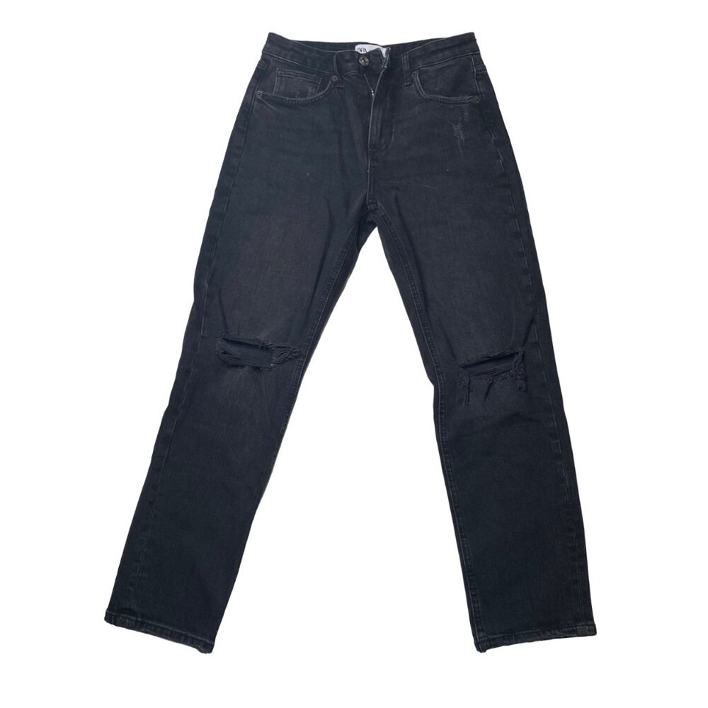 Zara Women's Mom Fit Distressed Dark Washed Jeans, size US 4